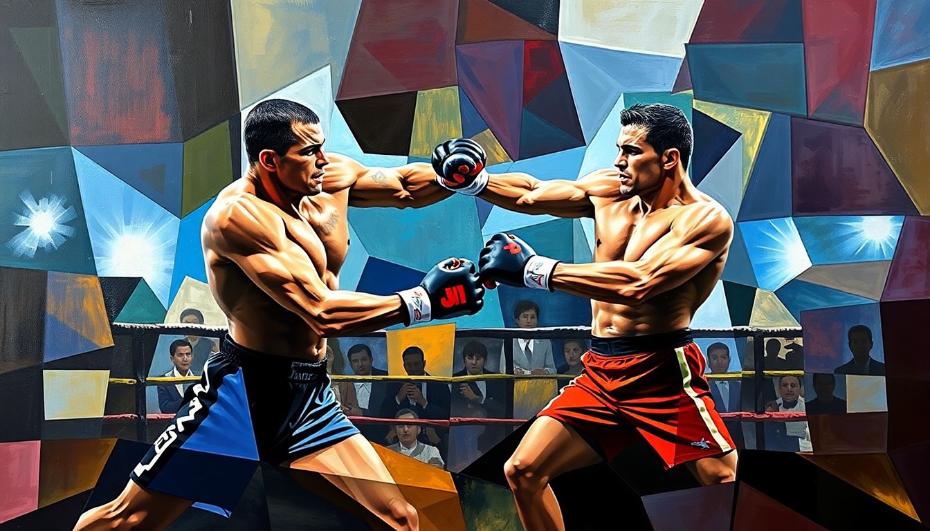 A cubist-style painting depicting a mixed martial arts match, with the fighters' movements and the energy of the fight captured through sharp, overlapping geometric planes in a vibrant color palette.