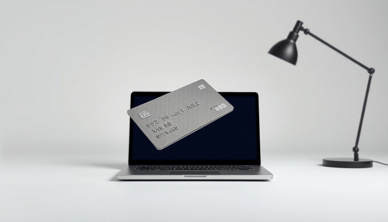 A high-end, photorealistic studio still-life photograph featuring a stack of polished metal bank cards, a sleek laptop, and a modern desk lamp arranged elegantly on a clean, monochromatic seamless background, conceptually representing BMO's strategic expansion into the U.S. market.