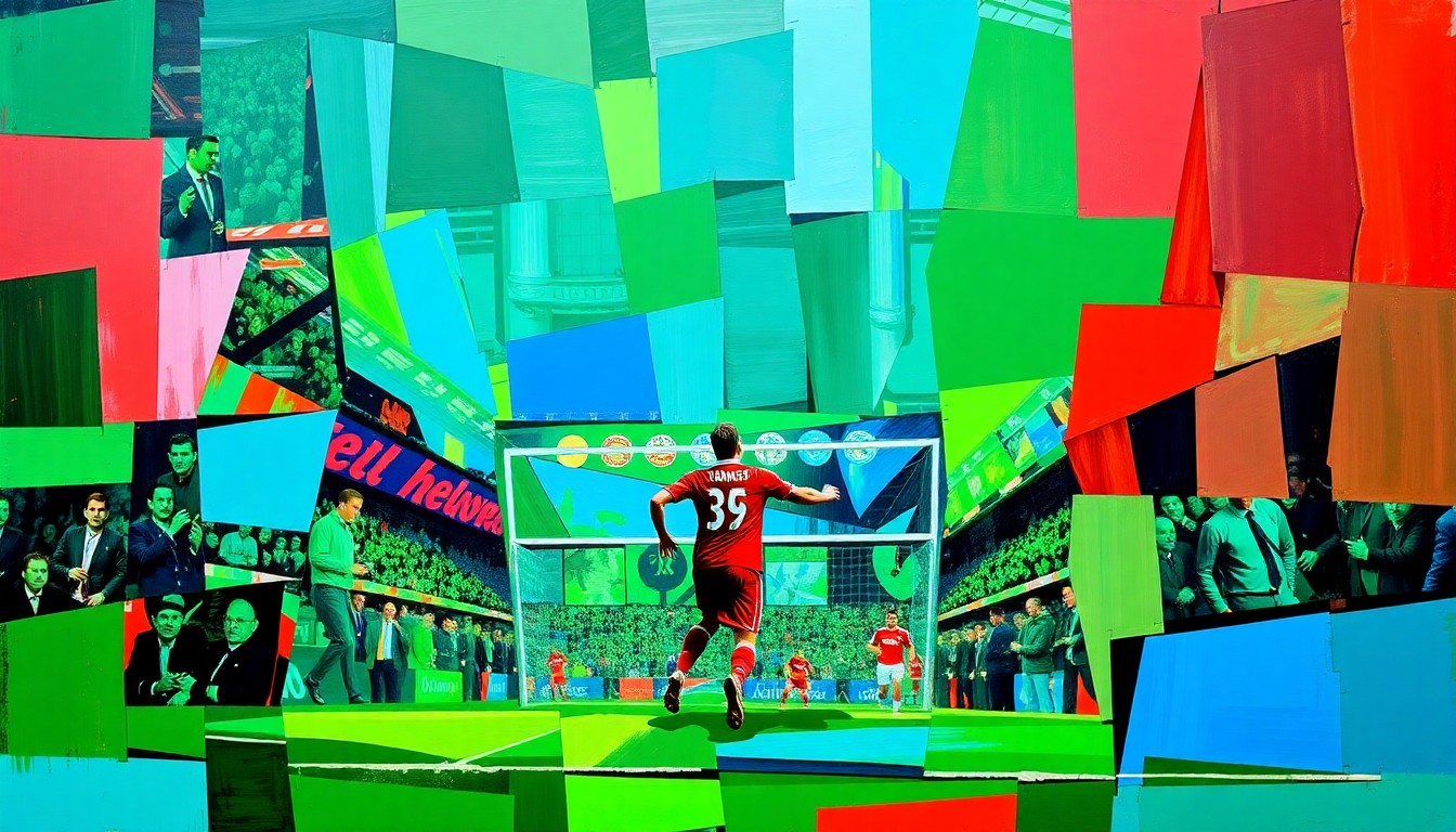 A fractured, cubist-style painting depicting the intense moment of a penalty shootout, with players' bodies and the ball broken down into sharp, overlapping geometric shapes in vibrant colors, capturing the raw emotion and drama of the high-stakes encounter.