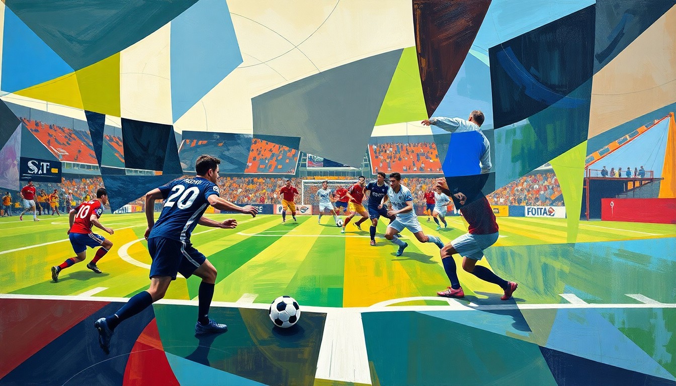 A cubist, geometric painting depicting a football game or match, with the players and field broken down into sharp, overlapping planes of color and abstract shapes, capturing the dynamic energy of the sport.