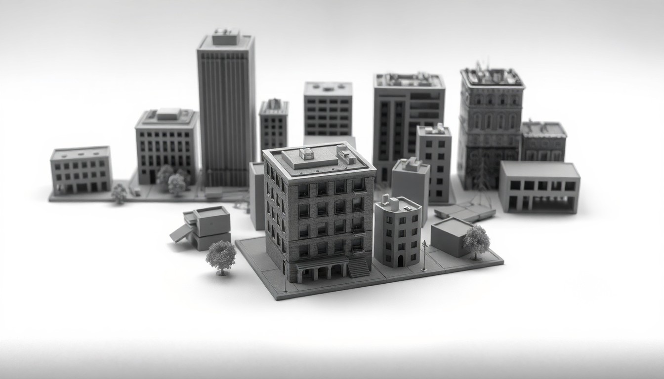 A high-end, photorealistic studio still-life photograph featuring a collection of premium, geometric architectural models and scaled-down building materials arranged elegantly on a clean, monochromatic seamless background, representing the abstract concepts of urban development, community planning, and the tensions between economic growth and social equity.