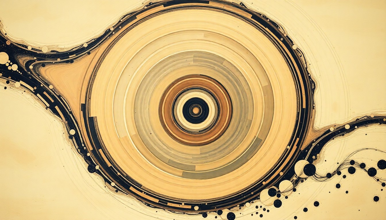 A highly structured abstract painting in soft, earthy tones, depicting the complex geometric shapes, waveforms, and spiraling patterns of an interstellar comet, conveying the mysterious beauty and unseen forces of a cosmic visitor from beyond our solar system.