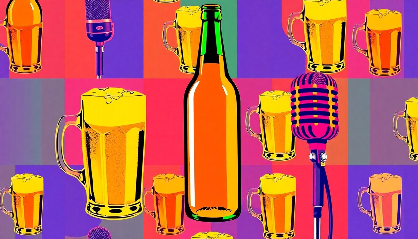 A brightly colored, high-contrast silkscreen print featuring repeating images of a beer mug, beer bottle, and comedy microphone in a grid pattern, conceptually representing the fusion of craft beer and comedy entertainment at a local event.