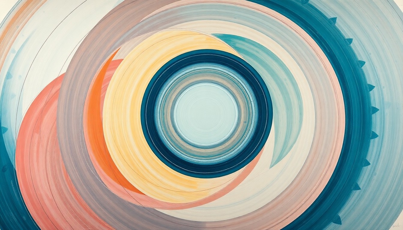 A bold, abstract painting in soft blues, greens, and grays, featuring sweeping geometric shapes, concentric circles, and precise spirals, conceptually representing the complex interplay of data, algorithms, and patient privacy in the healthcare AI ecosystem.