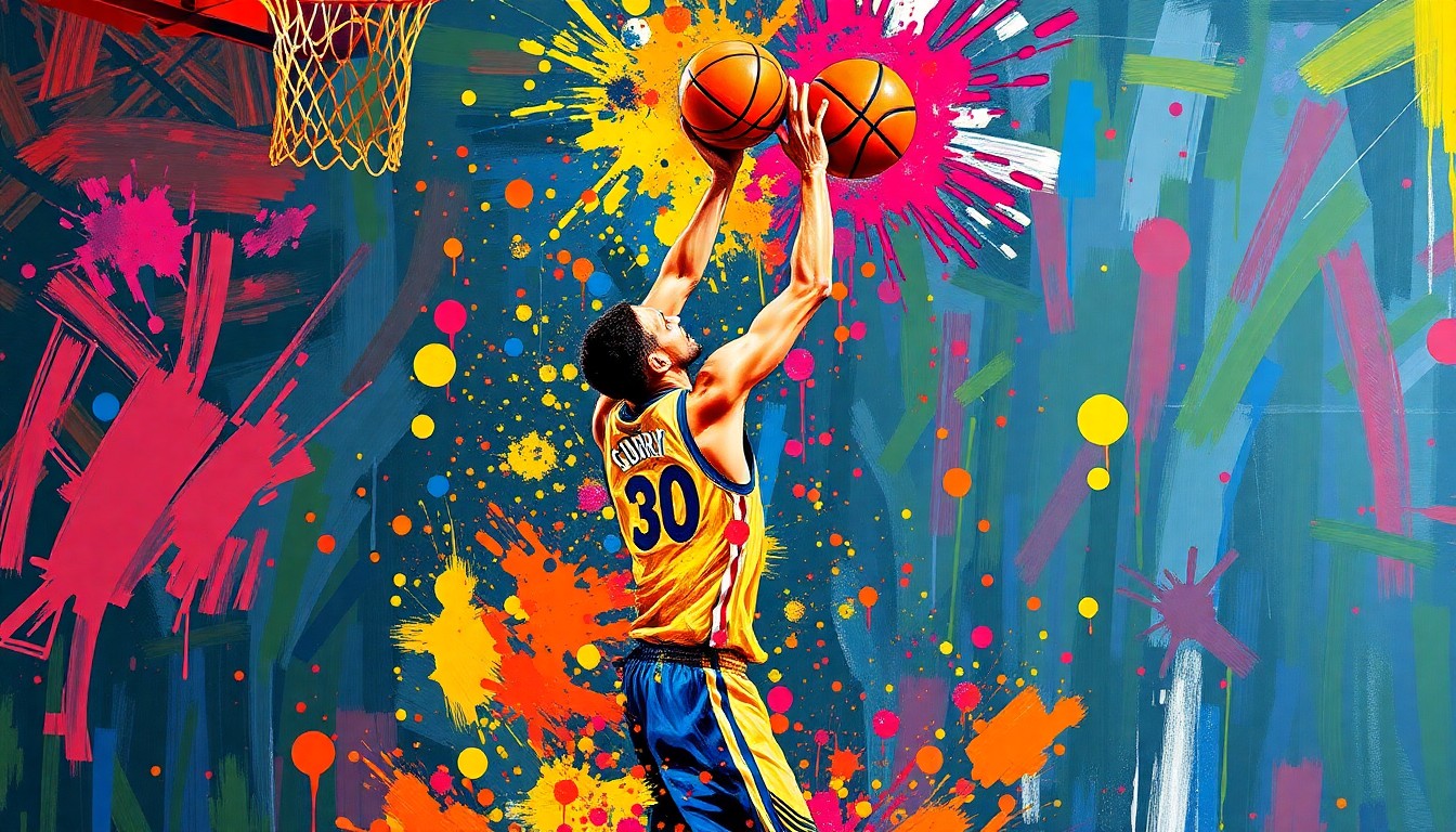 An extreme close-up of Stephen Curry's upper body as he releases a three-point shot, his figure and the ball dissolving into a vibrant, expressionist painting of neon colors and rapid brushstrokes, capturing the raw energy and dynamism of his play.