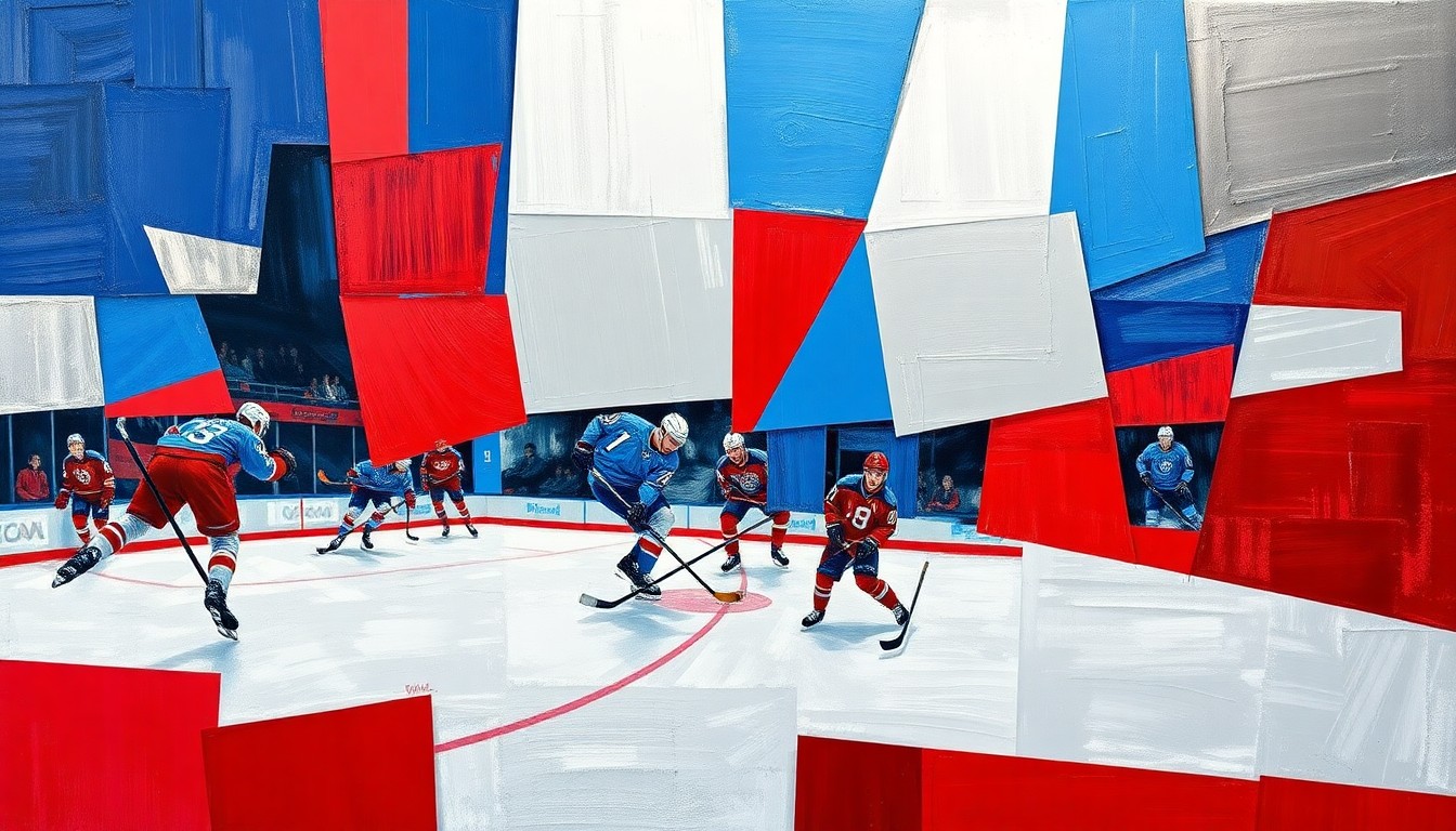A cubist, geometric painting depicting the action and movement of a hockey game, with sharp, overlapping planes of royal blue, crimson red, and metallic silver, conveying the energy and intensity of the Reign's playoff push.