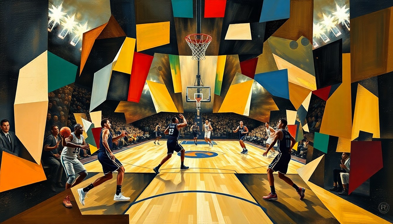 A cubist, geometric painting depicting a fragmented basketball game, with players' forms broken down into overlapping planes of color and shape, the court and arena fading into the background.