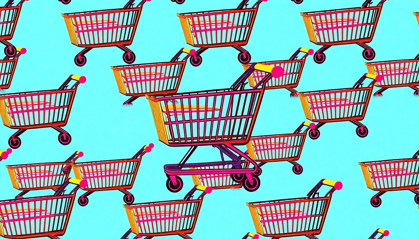 A brightly colored, high-contrast silkscreen print of a shopping cart repeated in a tight grid pattern, conceptually representing the cherished role of the Brookchester Shopping Center in the New Milford community.