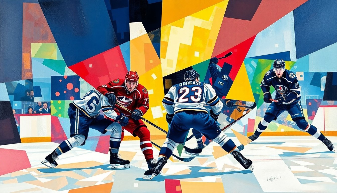 A fragmented, geometric painting depicting the dynamic movements and energy of a hockey game, with the players and action broken down into abstract shapes and planes of vibrant blue, yellow, and red colors.