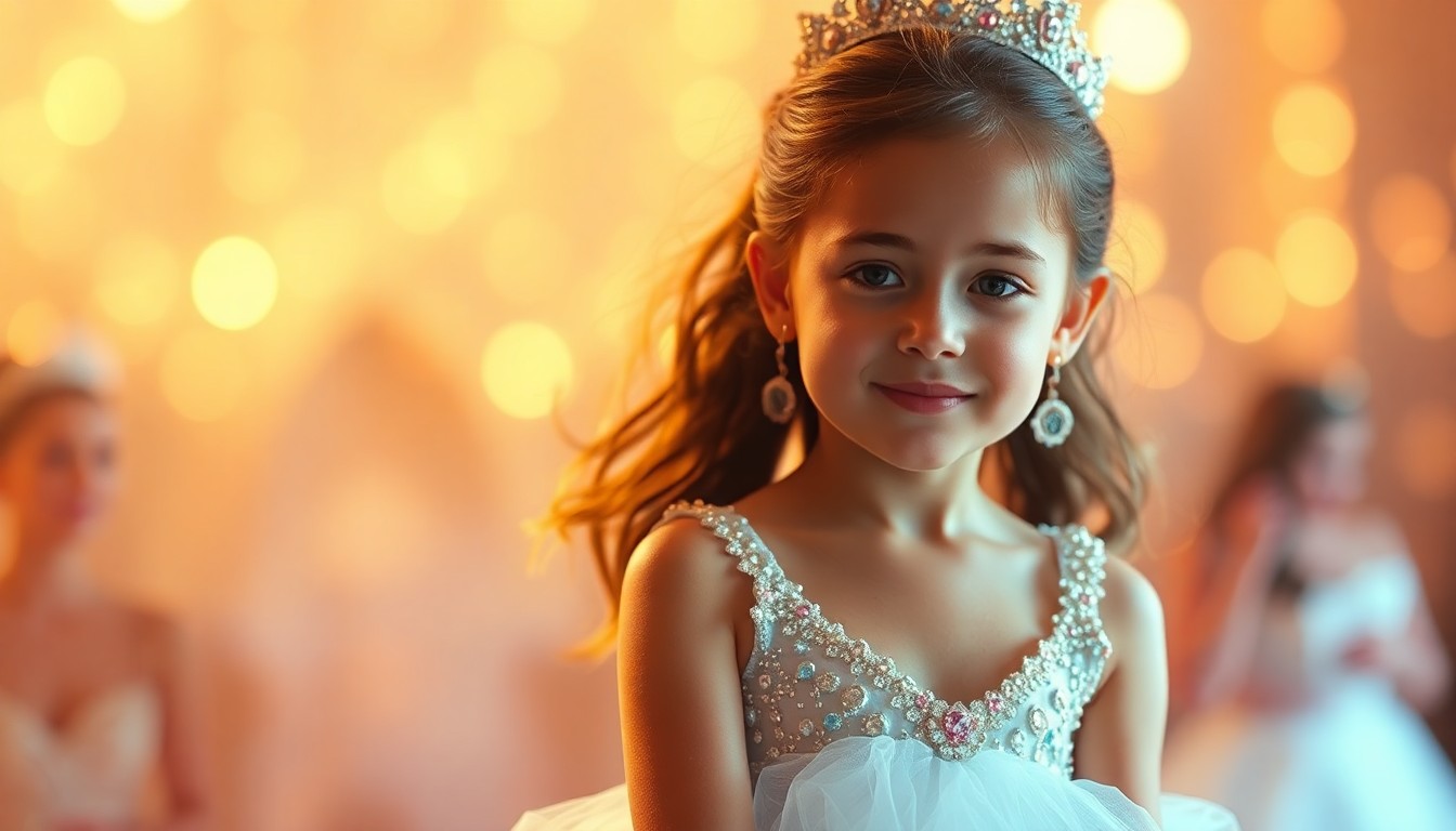 An extremely abstracted, out-of-focus photograph in soft pools of warm color and light, depicting a young girl in a pageant dress surrounded by blurred shapes and lights that capture the mood and energy of the pageant world.