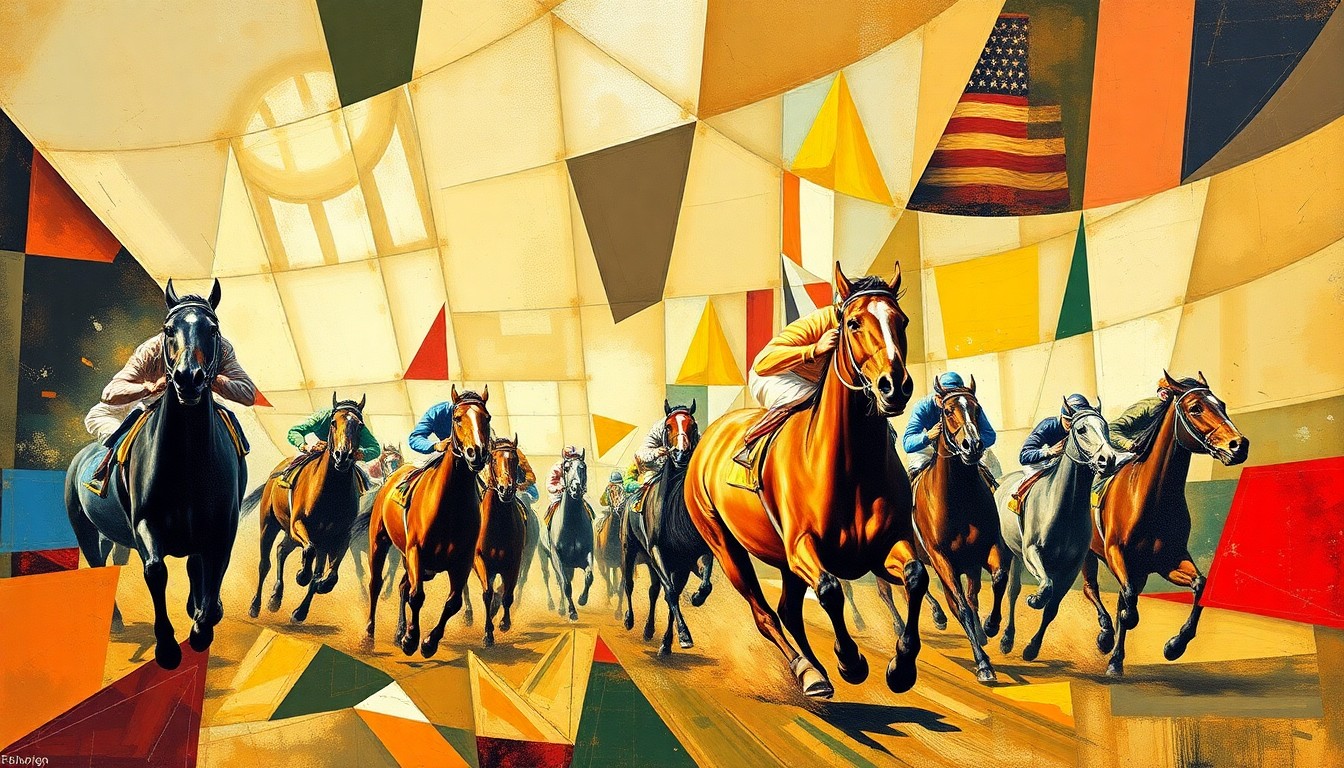 A cubist, geometric painting depicting a horse race, with the horse and jockey broken down into overlapping, sharp planes of color and form.