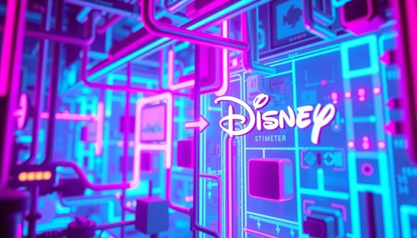A highly detailed, glowing 3D illustration of futuristic technology infrastructure, with neon cyan and magenta lights illuminating the various components. The image conceptually represents the fusion of Epic Games' digital expertise and Disney's iconic franchises, hinting at the innovative and visually striking gaming experience to come.