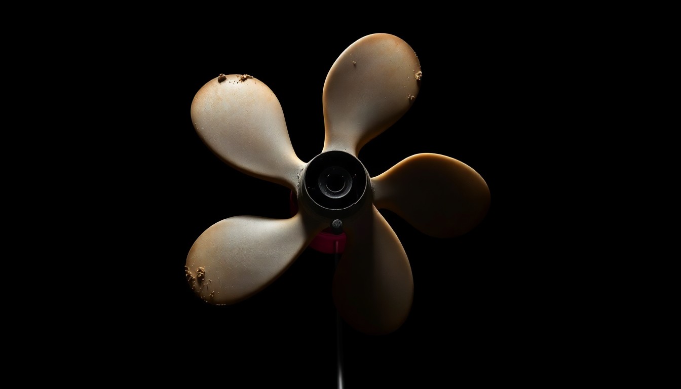An extreme close-up photograph of a damaged jet ski propeller, the metal blades twisted and scarred, against a pitch-black background, creating a gritty, investigative aesthetic.