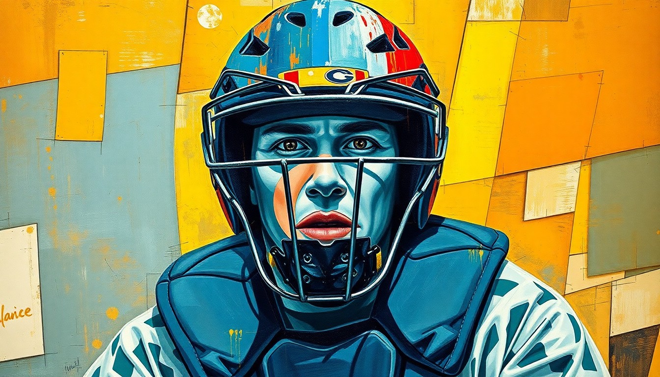 A fragmented, geometric painting depicting a catcher's mask, chest protector, and other equipment in an abstract, deconstructed style, representing the complexities of finding the right backup catcher for the Royals.