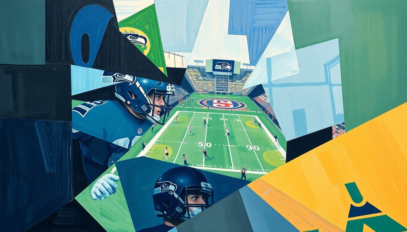 A cubist, geometric painting depicting a fragmented, multi-perspective view of a Seahawks football game or practice, with sharp, overlapping planes of color and form capturing the energy and dynamics of the team.