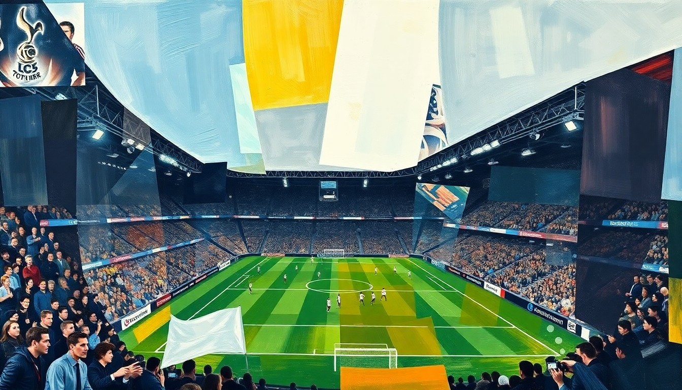A cubist, geometric painting depicting a Tottenham Hotspur football match, with the players and field broken down into sharp, overlapping shapes and planes, conveying the chaos and uncertainty surrounding the club's current predicament.