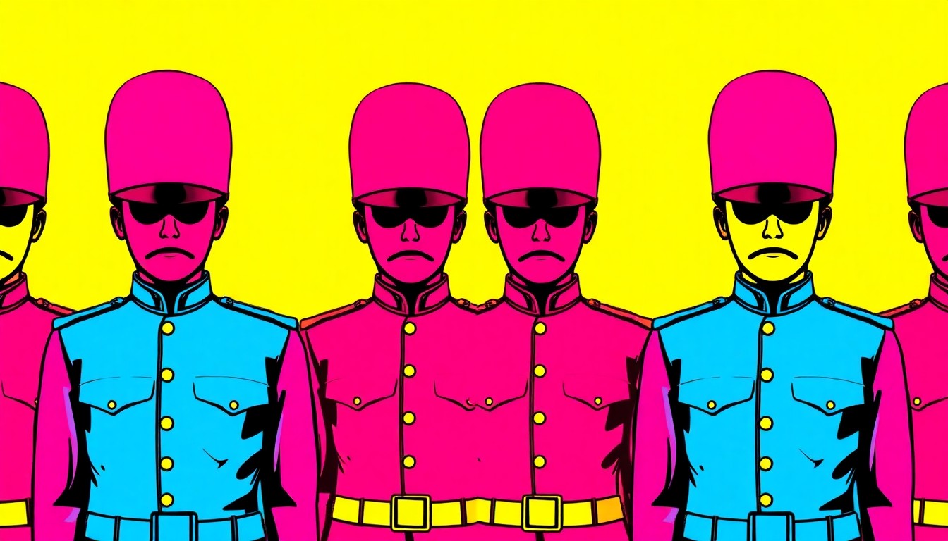 A brightly colored, high-contrast silkscreen print featuring a grid of stylized royal bodyguard uniforms in vibrant neon shades, conceptually representing the Beefeaters' role in bringing two strangers together at the Tower of London.