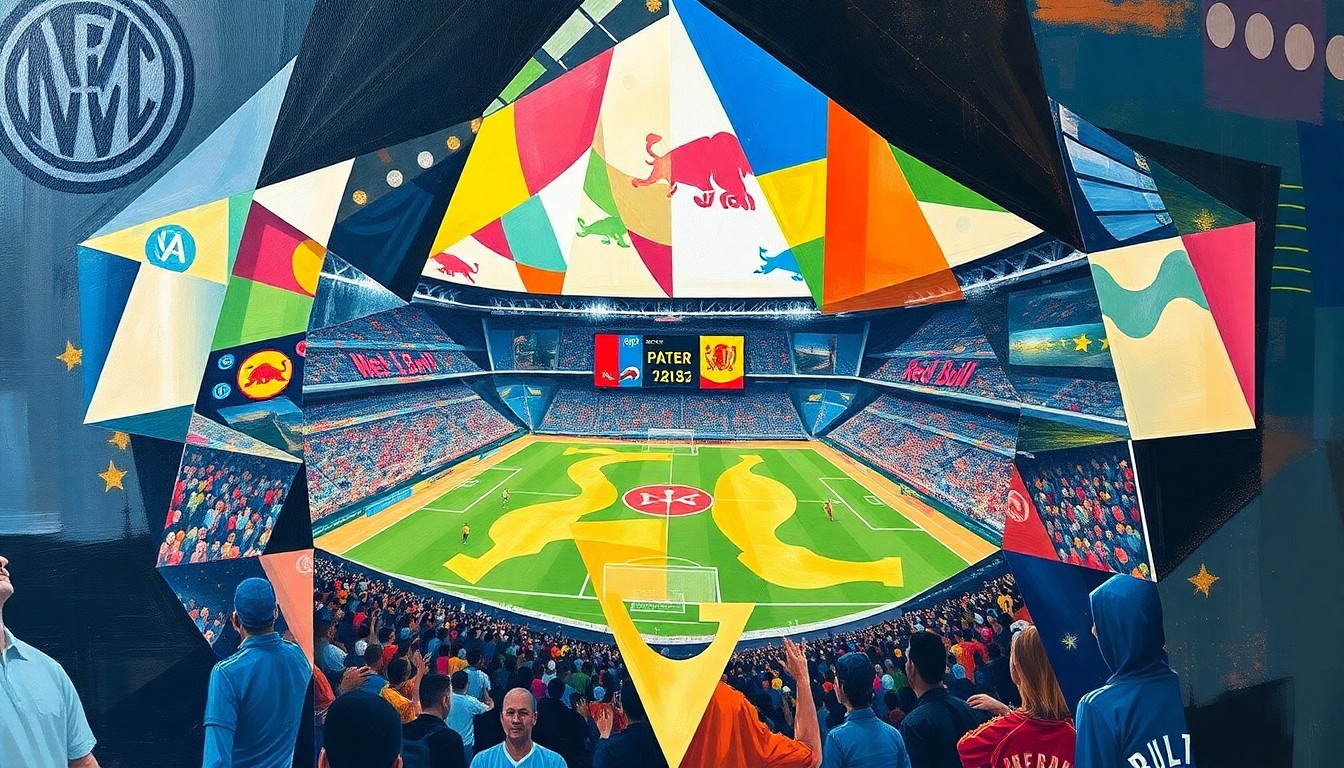 A fragmented, geometric painting depicting the action and energy of a soccer match, with players and the field broken down into sharp, overlapping shapes and planes of color.