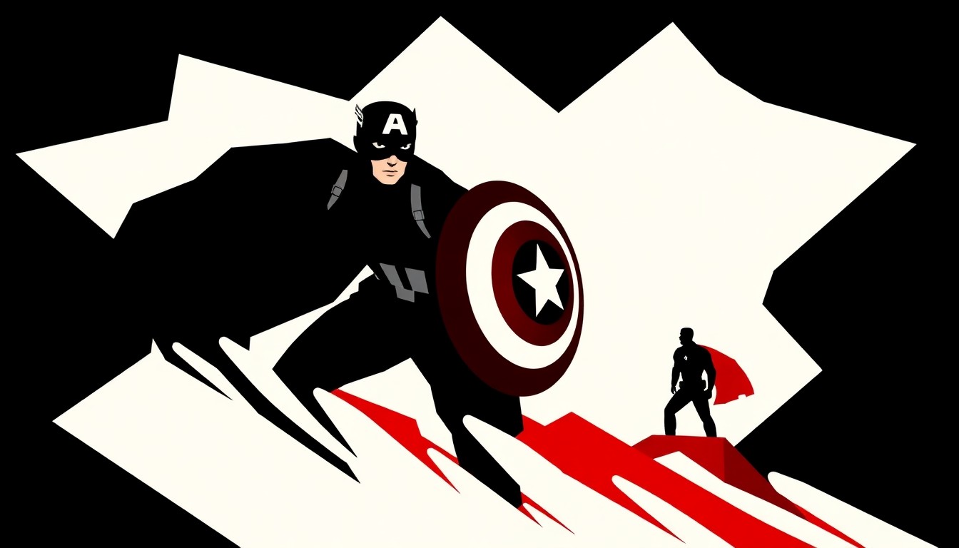 A striking abstract composition featuring bold, jagged shapes and silhouettes in high-contrast colors, conceptually representing the transition from one Captain America to another.