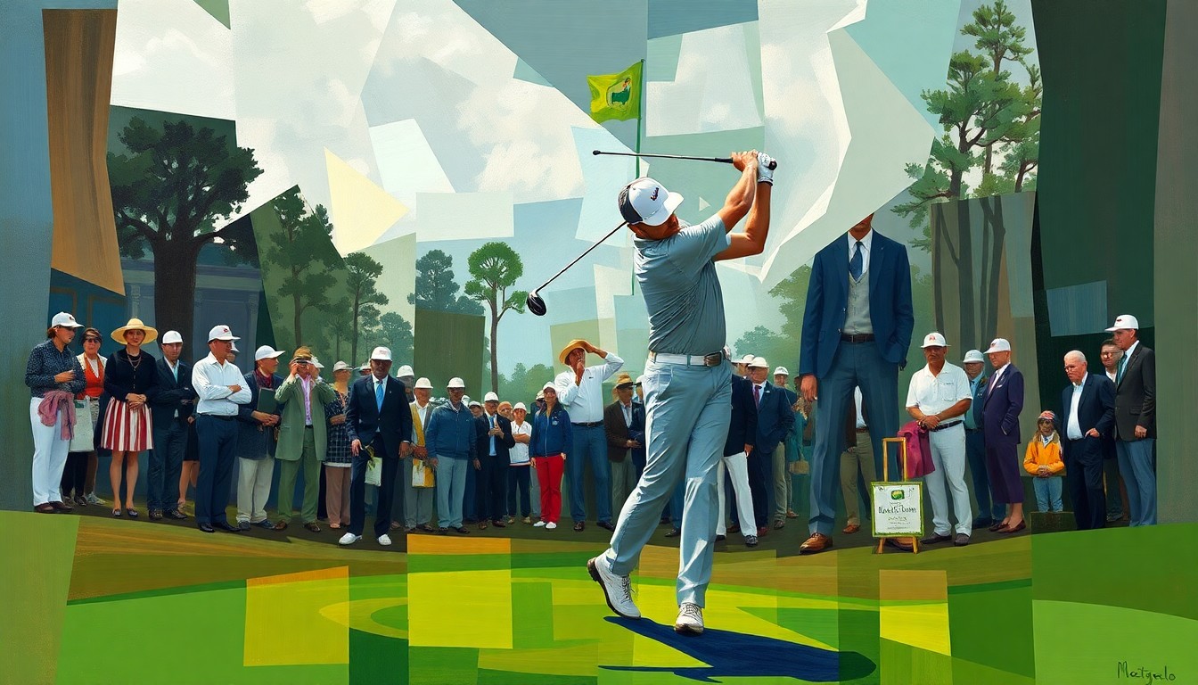 A fractured, multi-perspective painting depicting the moment of Sergio Garcia breaking his driver on the second tee box at the Masters Tournament, with sharp, overlapping geometric planes capturing the intensity and drama of the incident.