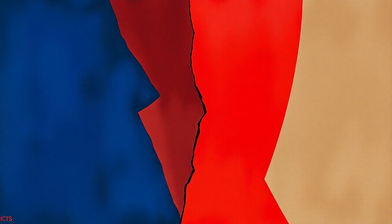 An abstract, overlapping geometric painting in shades of blue and red, conveying the tension between academic freedom and institutional responsibility.