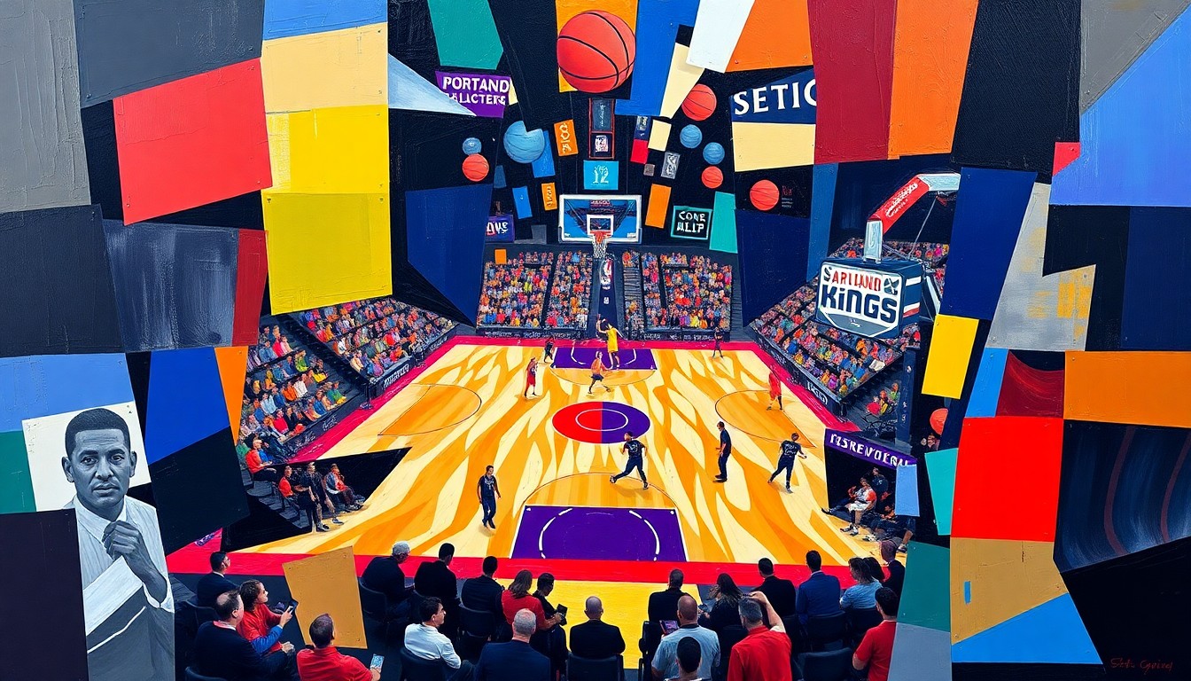 A cubist, geometric painting depicting a basketball game in progress, with the players and court rendered in a fractured, multi-perspective style using the official team colors of the Portland Trail Blazers and Sacramento Kings.