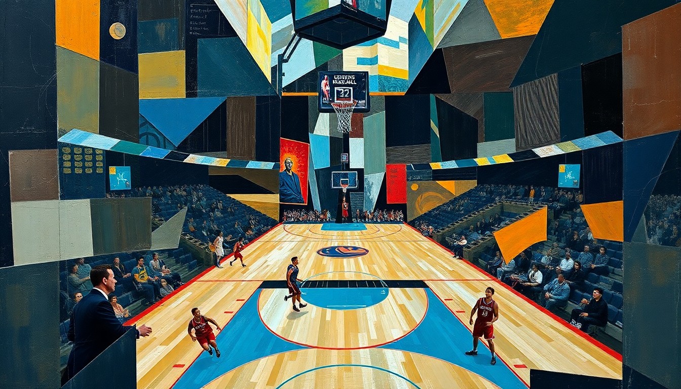 A cubist-style painting depicting a basketball game, with the players and court broken down into sharp, overlapping geometric shapes in a vibrant color palette, conveying the intensity and dynamism of the match.