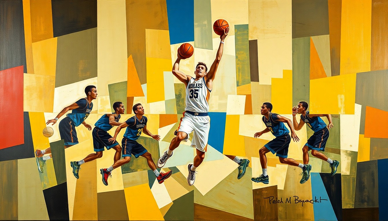 A fractured, cubist-style painting depicting the movements and actions of a college basketball player, with sharp geometric planes and overlapping perspectives conveying the energy and physicality of the sport.