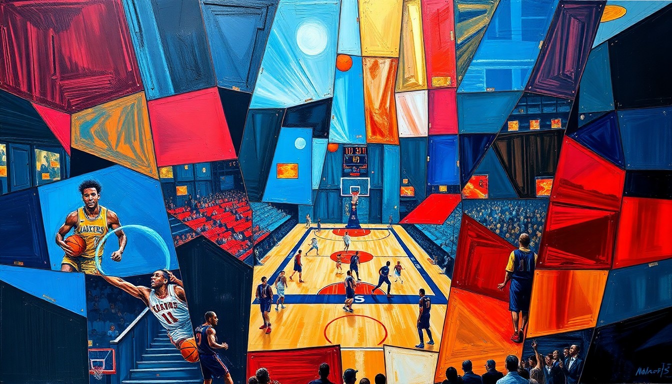A fragmented, geometric painting depicting a basketball game or event, with sharp, overlapping planes of color in deep blues, vibrant reds, and metallic golds, conceptually representing the complex dynamics between a celebrity athlete, local authorities, and event regulations.