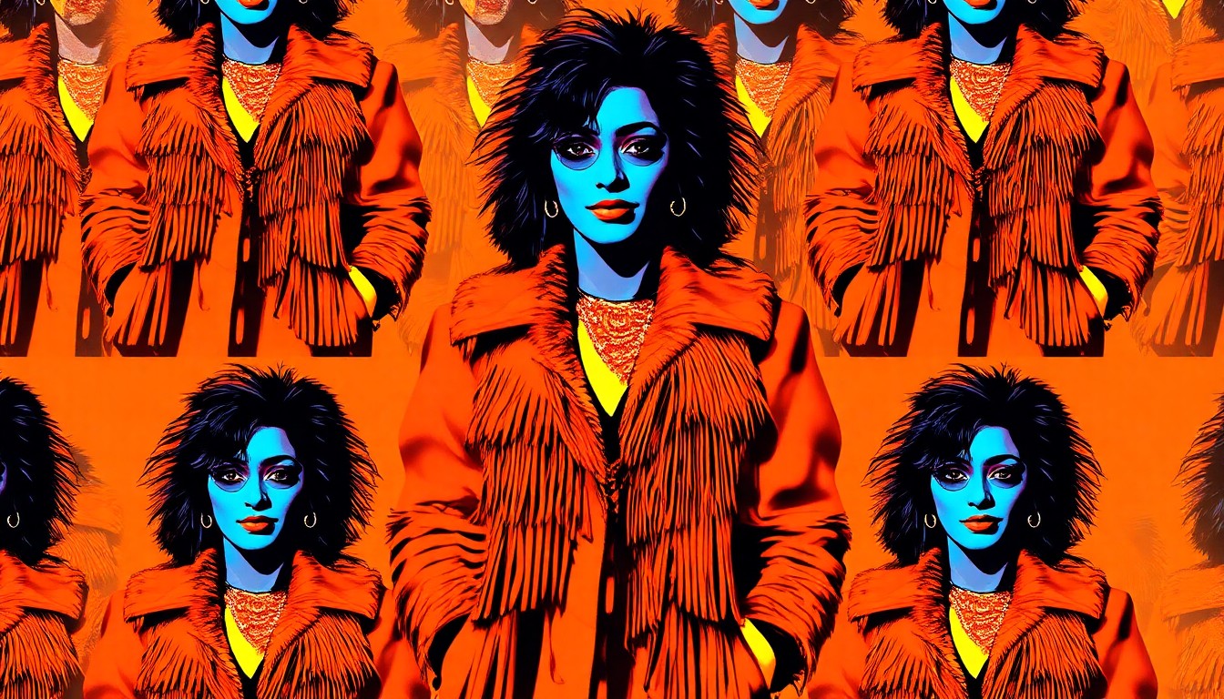 A high-contrast, silkscreen-style illustration featuring a repeating grid of Rama Duwaji's distinctive three-tier fringe coat in warm brown tones, capturing the coat's striking visual impact as a symbol of cultural representation and women's empowerment.