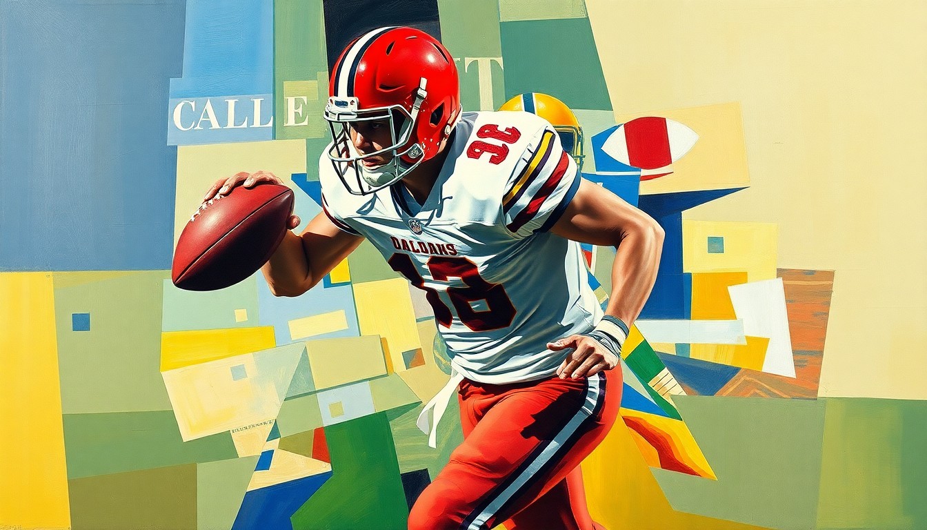 A cubist-style painting that deconstructs a college football player in action, breaking their form into sharp, overlapping geometric shapes and planes, capturing the dynamic energy and determination of the sport.