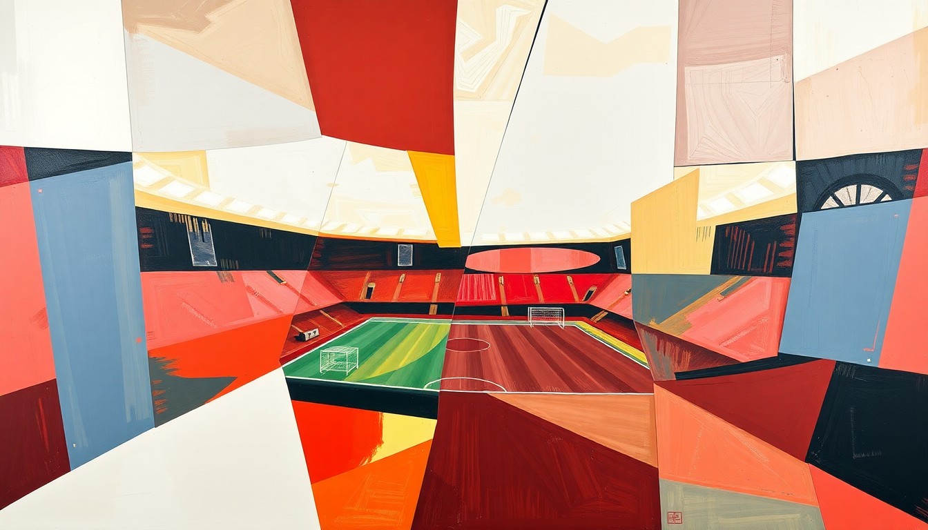 A cubist, geometric painting depicting the intense Europa League match between Nottingham Forest and Fenerbahce, with fragmented, overlapping shapes and planes representing the dynamic action on the pitch.