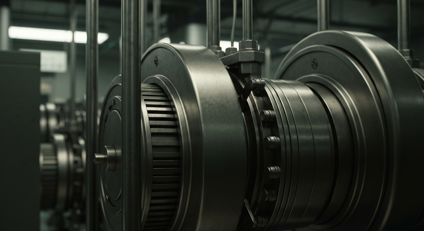 An extreme close-up of the gears, levers, and metal components of a bank's trading floor or vault, conveying the heavy, industrial nature of the financial infrastructure behind Morgan Stanley's new Bitcoin ETF.