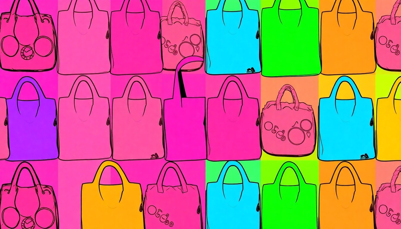 A brightly colored, high-contrast silkscreen print of various reusable grocery bags, produce items, and natural health products repeated in a tight grid pattern, conceptually representing the joyful energy of a community festival.