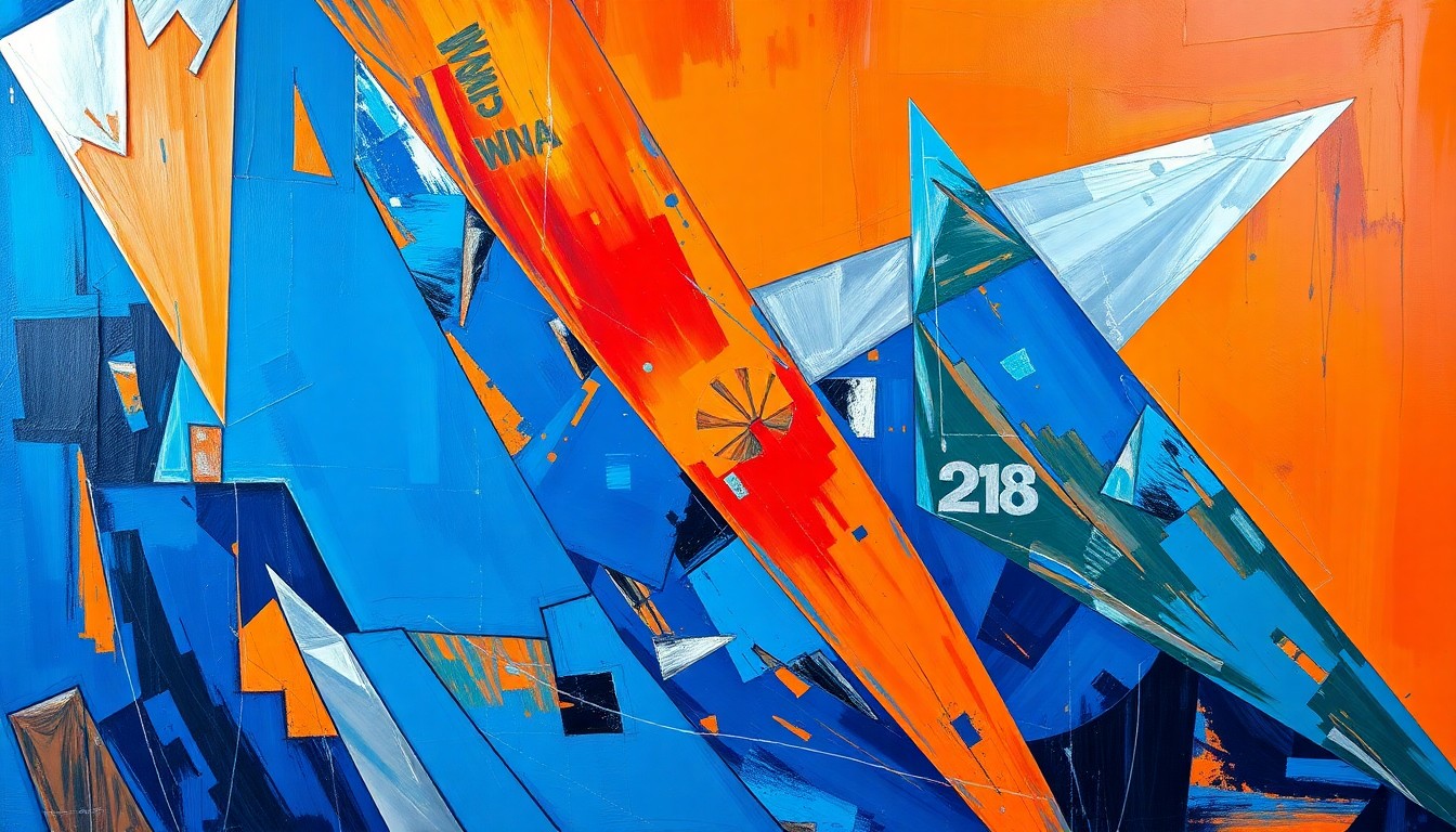 A cubist, geometric painting depicting the dynamic movements and energy of a WNBA basketball game, with sharp, overlapping planes of color representing the players and action on the court.