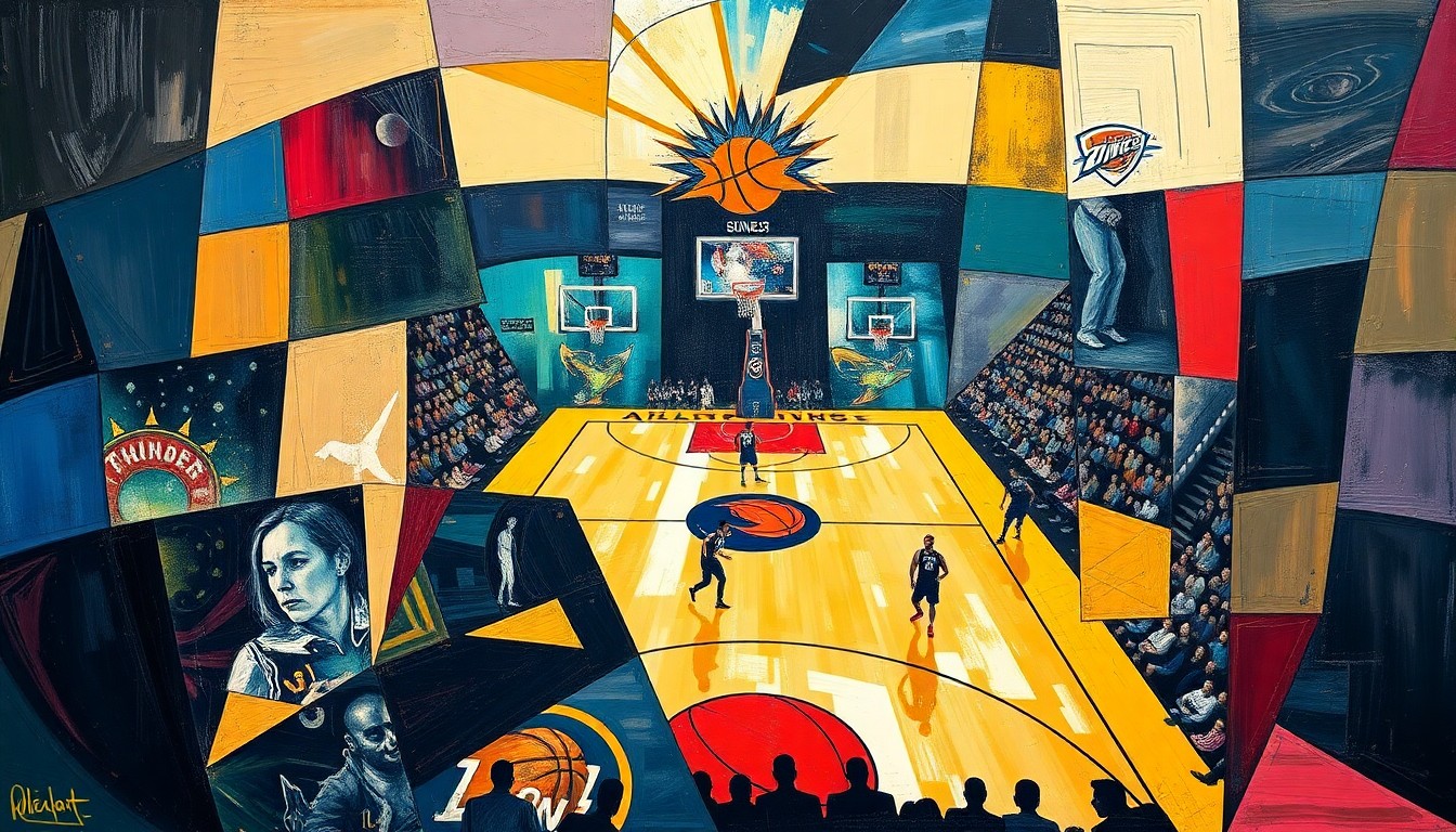 A cubist-style painting depicting a basketball game, with the players and court broken down into sharp, overlapping geometric shapes and planes in a vibrant color palette, capturing the energy and movement of the game.