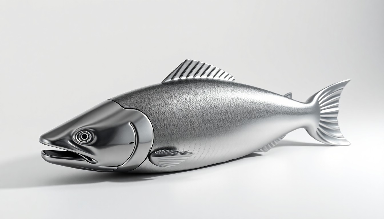A highly reflective, geometric stainless steel sculpture of a salmon fillet, lit dramatically to showcase the premium material and conceptual nature of the image.