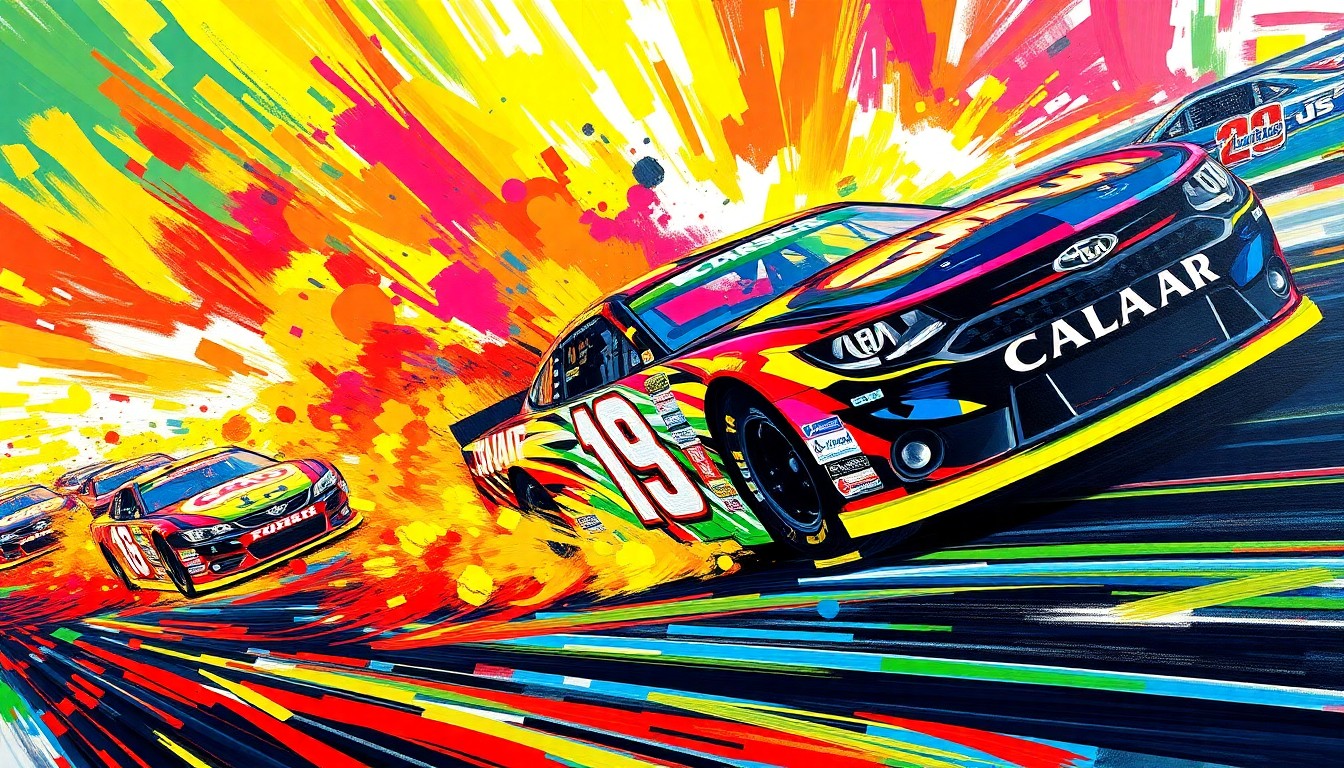 A vibrant, energetic painting featuring bold, sweeping brushstrokes in neon shades of red, orange, and blue, capturing the intense motion and action of NASCAR race cars battling on the Bristol Motor Speedway track.