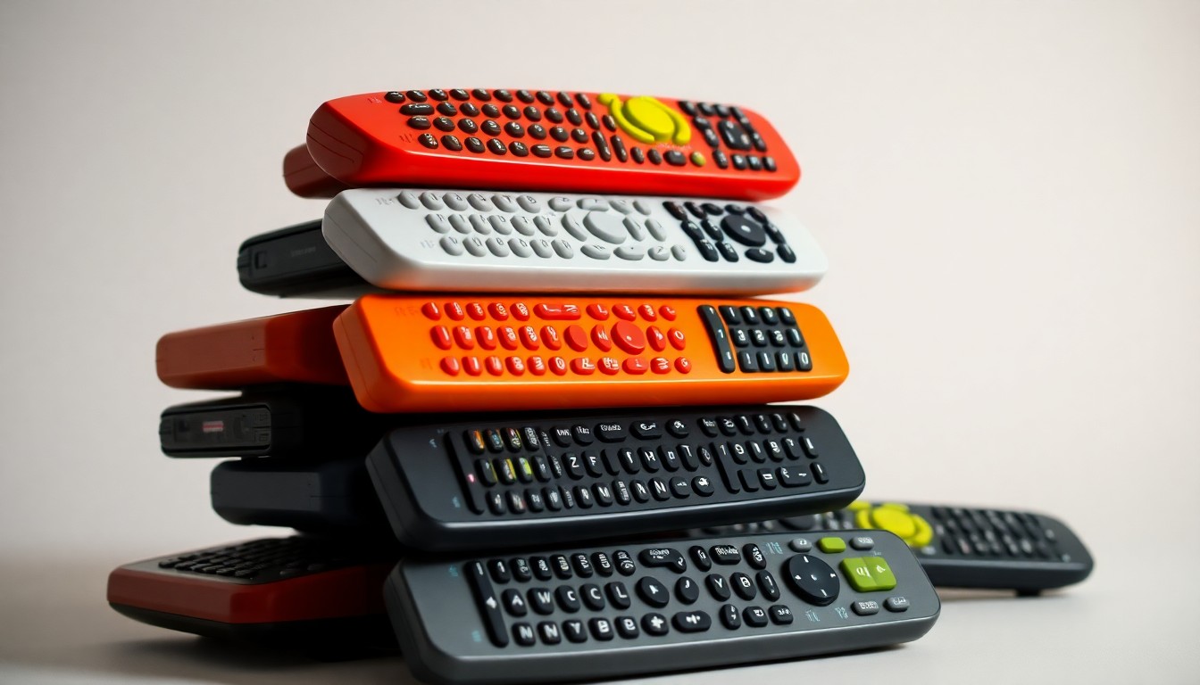 A photorealistic studio still-life image featuring a stack of TV remote controls in various colors, representing the shifting control and consolidation of national news distribution.