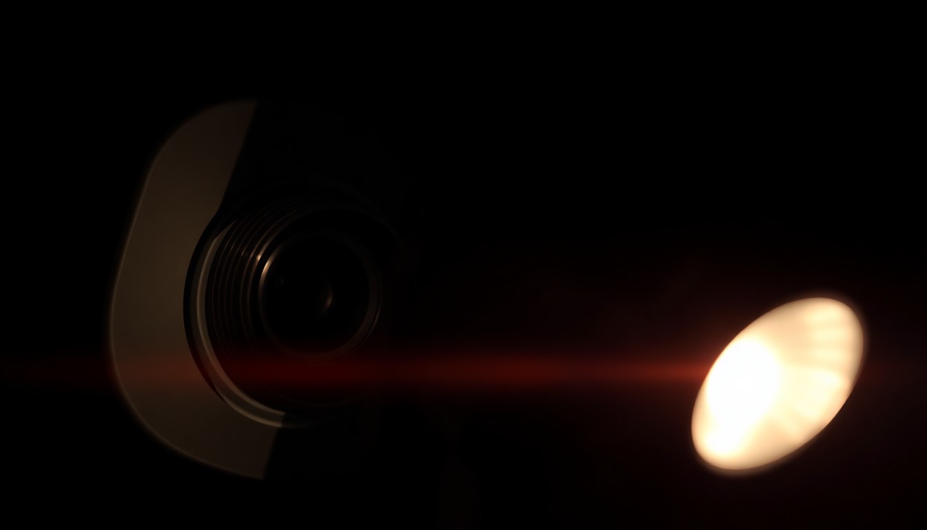 An extreme close-up of a hidden camera lens and recording equipment, lit by a harsh flash against a dark background, conveying a stark, investigative mood around this privacy violation incident.