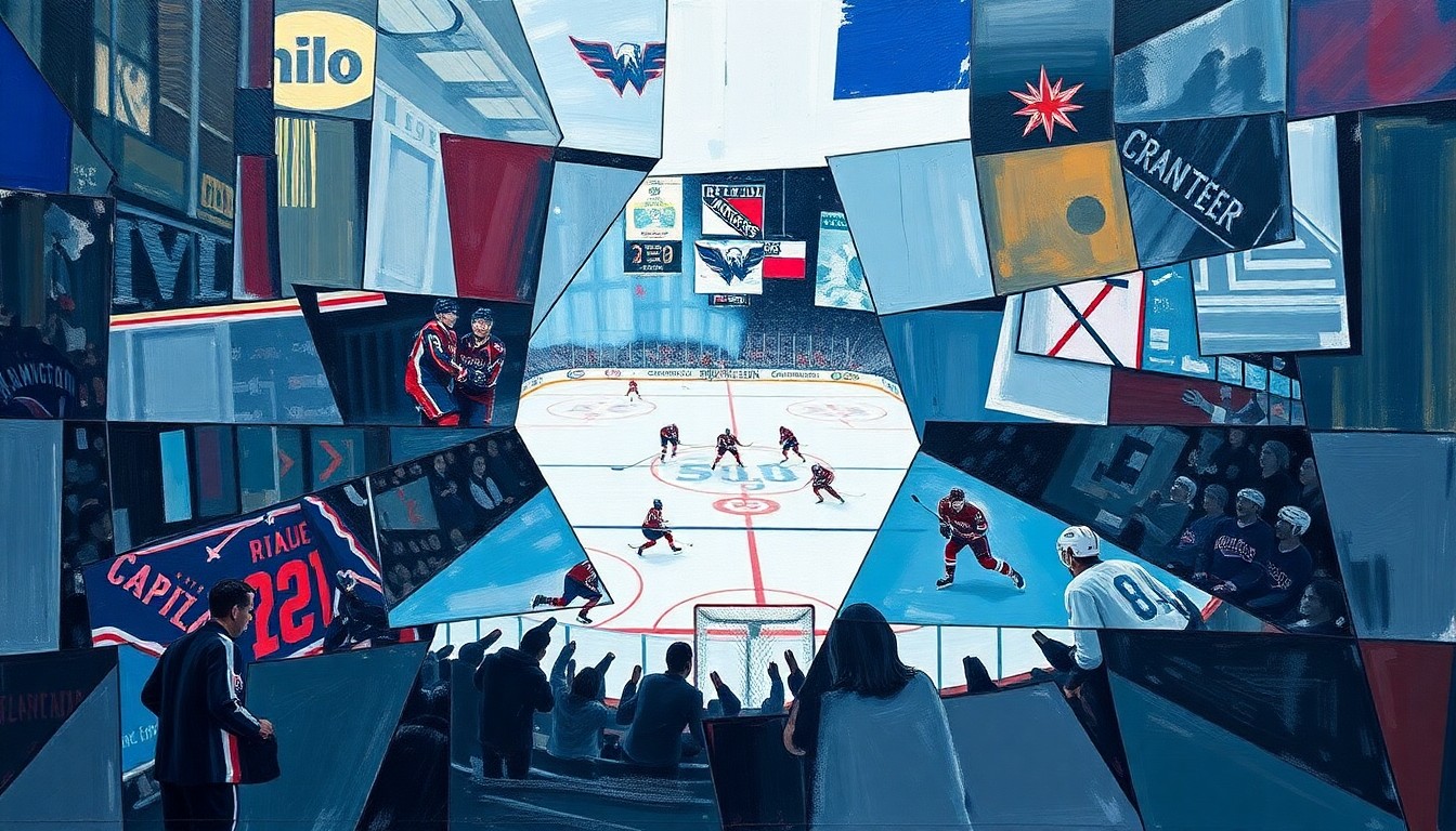 A fractured, multi-perspective painting depicting a hockey game, with sharp, overlapping geometric planes representing the chaotic action on the ice.