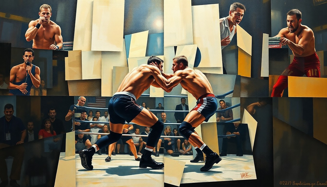 A cubist, geometric painting depicting a professional wrestling match or competition, with sharp, overlapping planes of color and form, capturing the dynamic energy and action of the sport.