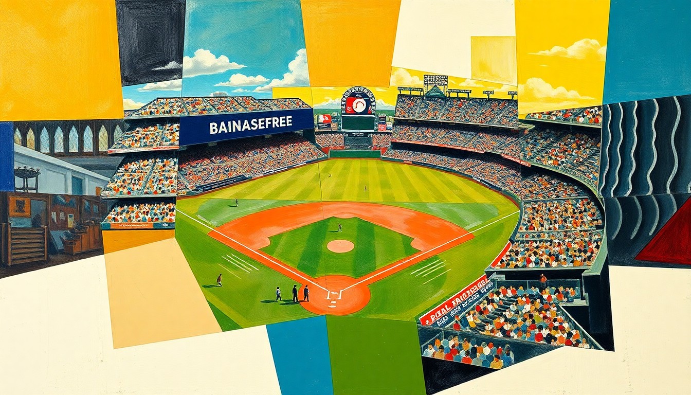 A cubist-style painting depicting a baseball game broken down into sharp, overlapping geometric shapes and planes, representing the strategic and multifaceted nature of the Tigers' signing of Tyler Gentry.