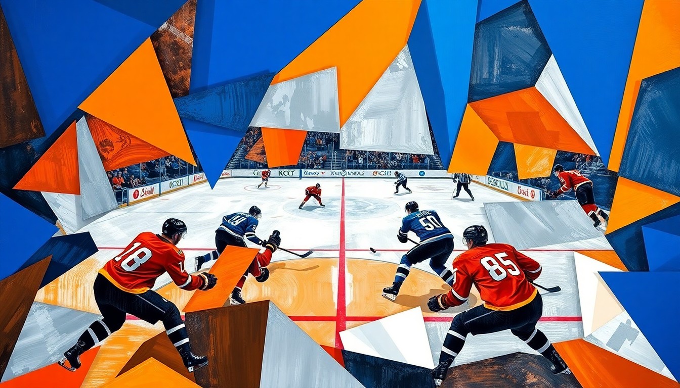 A cubist, geometric painting depicting an NHL playoff hockey game, with the players and rink deconstructed into abstract shapes and planes in a vibrant color palette of royal blue, orange, and metallic silver.
