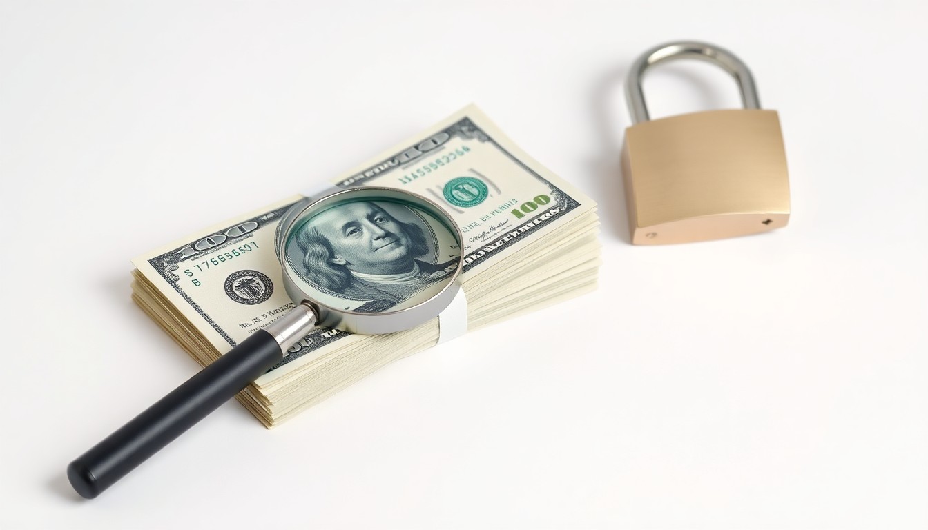 A photorealistic studio image featuring a stack of dollar bills, a magnifying glass, and a padlock on a clean white background, symbolizing the themes of financial security and fraud prevention.