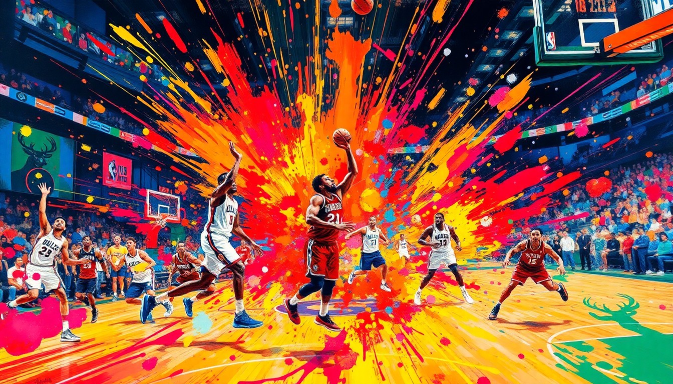 An abstract, energetic painting featuring vibrant neon brushstrokes and splatters of color, capturing the fast-paced action and intensity of a professional basketball game between the Philadelphia 76ers and Milwaukee Bucks.
