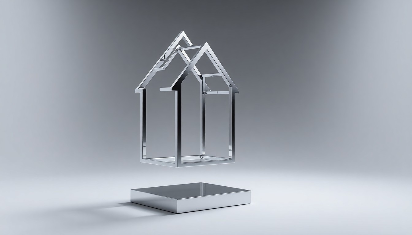A photorealistic studio still life featuring a polished, geometric metal sculpture floating on a clean, monochromatic background, conceptually representing the abstract forces shaping the housing industry.
