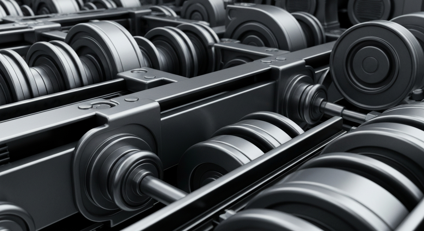 An extreme close-up of heavy, industrial banking equipment and machinery in shades of steel gray, gunmetal, and chrome, conceptually representing the complex financial infrastructure that underpins the energy sector.