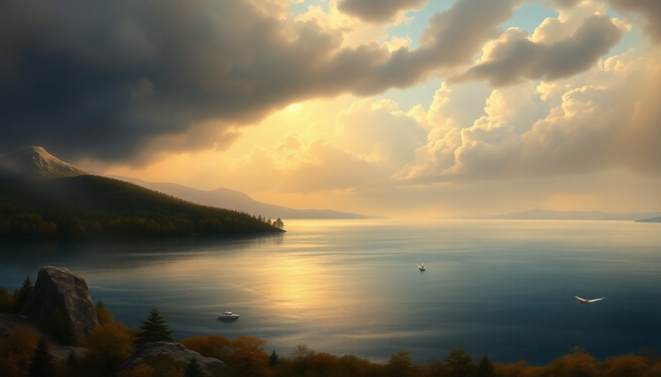 A sweeping, atmospheric landscape painting depicting the vast, serene expanse of Lake Norman, with the natural environment dominating the scene and any physical structures or objects barely visible in the distance.