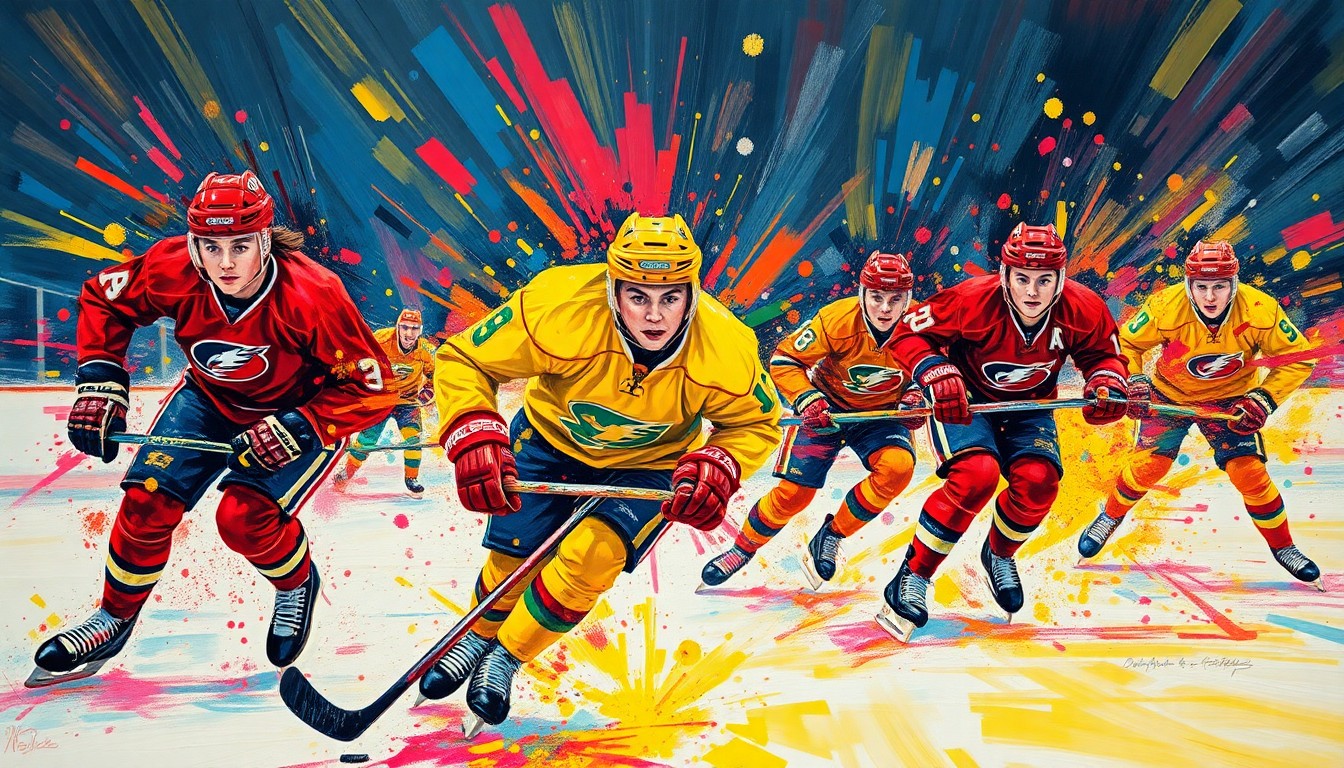 An abstract, energetic painting in neon colors depicting the movement and action of youth hockey players on the ice, with faces and equipment blending into vibrant brushstrokes.